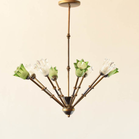 Mid century brass chandelier with green and clear glass details