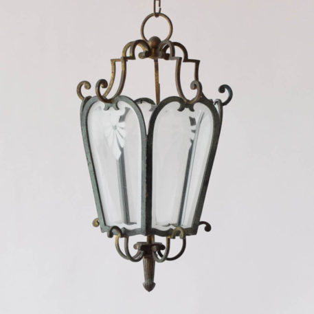 Brass and iron lantern with etched glass
