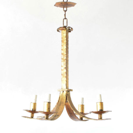 4 light small gold chandelier with flat hammered arms.