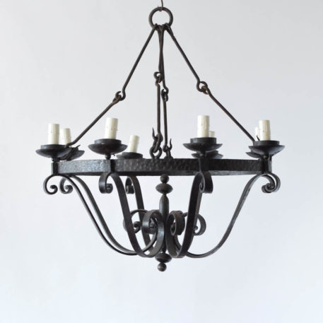 Bowl shaped black iron chandelier with 8 lights.
