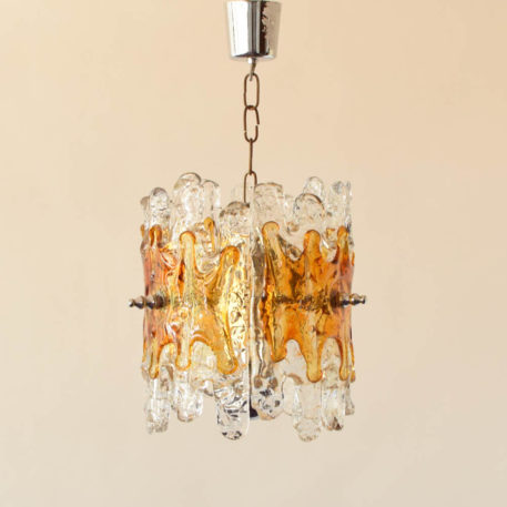 Mid century 3 light chandelier with amber colored glass