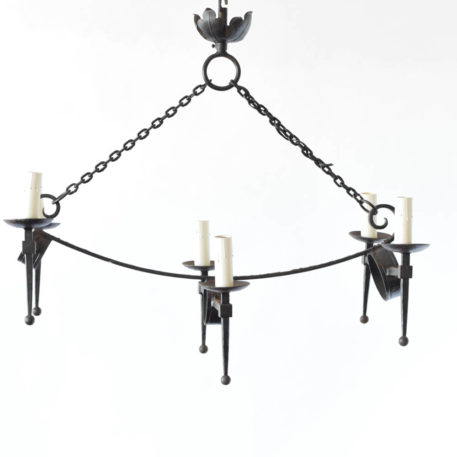 Long iron chandelier from Belgium in simple curved form with 6 lights