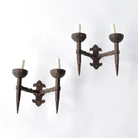 Pair of rustic Belgian sconces with twisted and tapered torch