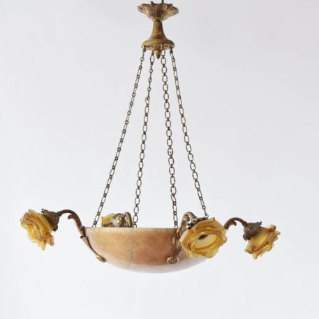 1920w French Alabaster chandelier with amber rose shades