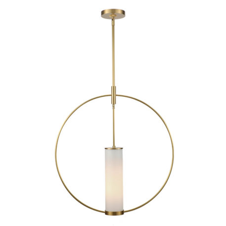 Modern round pendant with opal glass cylinder in natural brass finish