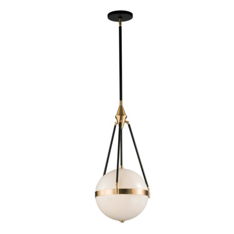 solid glass globe hanging by black rods with natural brass hardware