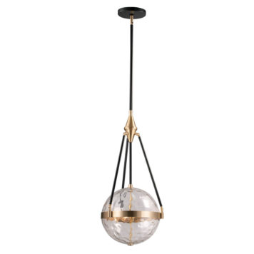 Clear Glass globe hanging by black rods with brass parts