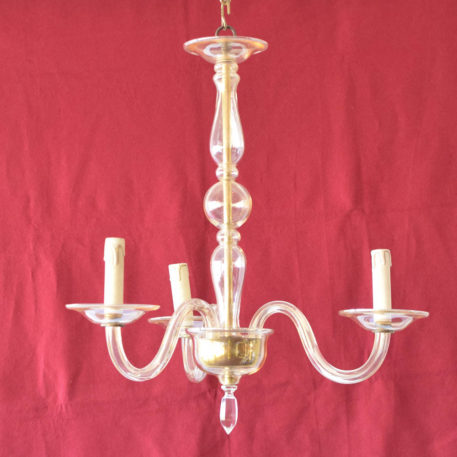 Simple Czech glass chndelier having 3 scrolled arms and tall central column