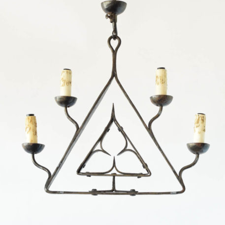 Artist made hand forged iron triangle form chandelier with central trefoil design