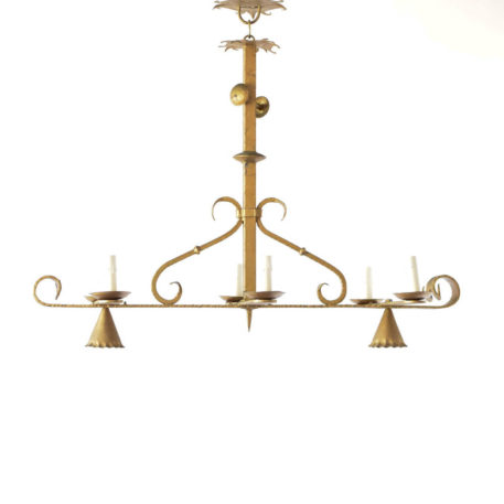 Elongated vintage Spanish chandelier with large tall square column and 2 down lights