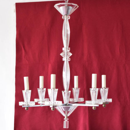 Mid Century Modern French chandelier with glass column and bobesches possibily Baccarat