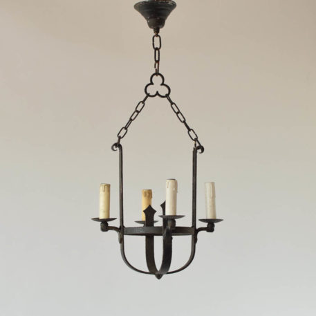Small Rustic chandelier from Belgium with a iron basket supporting 4 lights