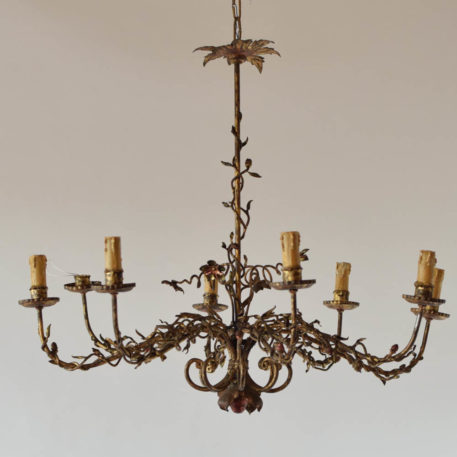 Vintage Spanish chandelier made of iron arms wrapped in vines and flower buds
