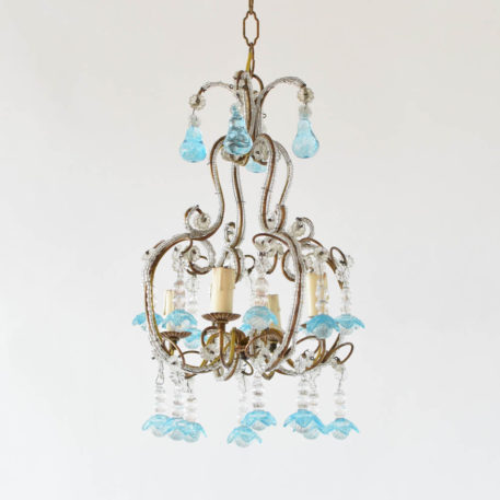 Vintage Italian chandelier with gilded iron frame and beaded details Blue crystal flowers suspended from frame