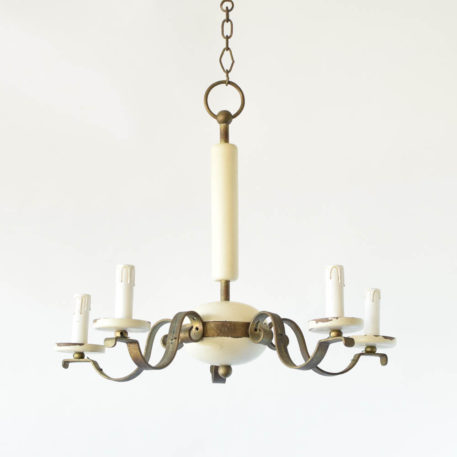 Wood and Iron Chandelier from the early 1900s having a simple deco form in wood