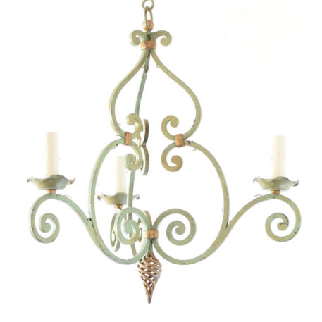 Pair of simple French country chandeliers with original green patina