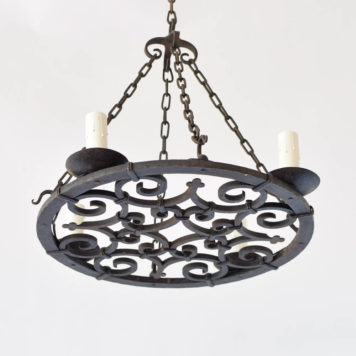 Nicely forged iron chandelier from France with flat iron base and 4 chains