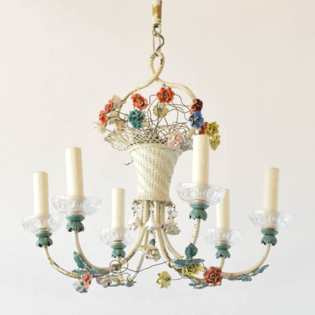 Vintage toile chandelier from italy with porcelain flowers and basket form in middle