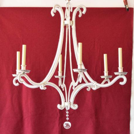 Transitional style chandelier with beaded iron arms and rock crystal ball