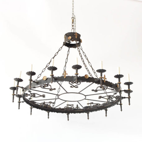 Vintage Spanish Chandelier with large iron band decorated with fleur de lis and gilded rosettes