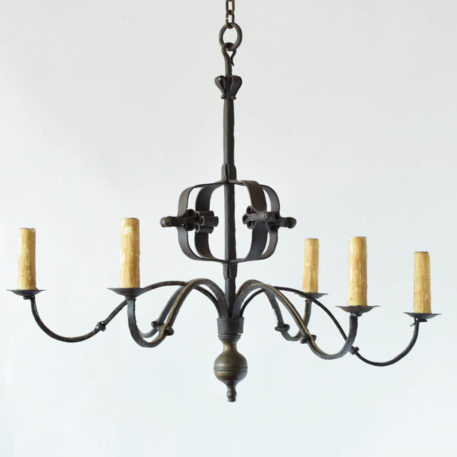 Antiqur hand forged iron chandelier with hammered central orb