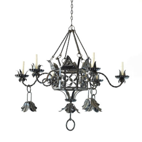 Vintage Spanish chandelier with 6+3 lights and scrolled central body