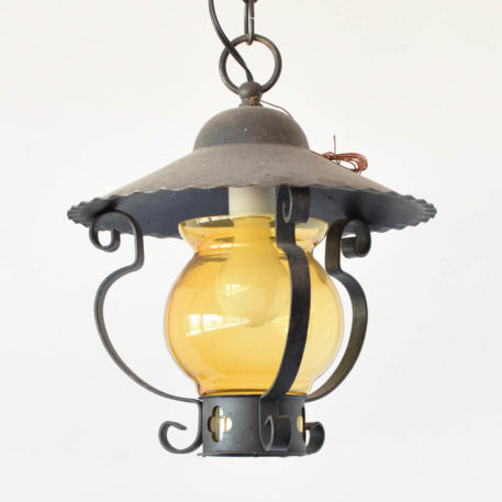Vintage Iron Farm House style lantern with amber glass shade from Belgium