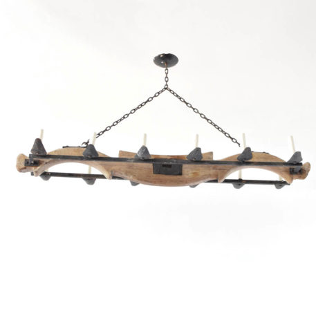 Vintage Belgian chandelier made from an antique wood yoke with iron rails and candle holders