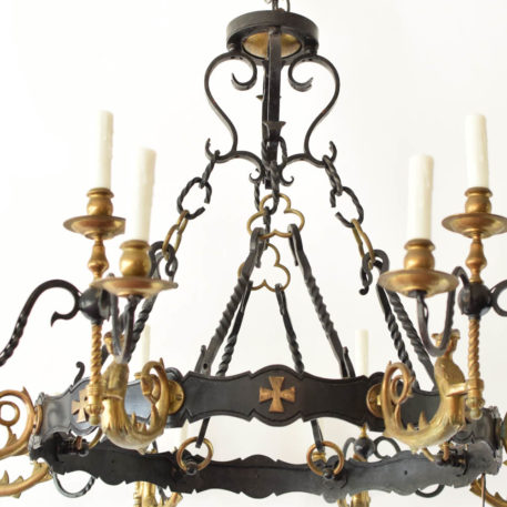 Clover shaped collectors with twisted iron rods on extra large chandelier