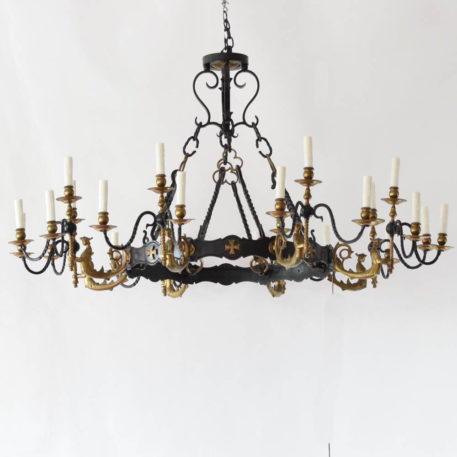 Extra Large Gothic Iron Chandelier with Gilt Iron Arms