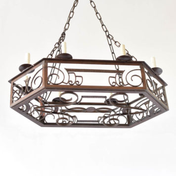 Antique art deco iron chandelier from France with a hexagon form frame