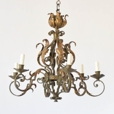 Nicely forged vintage French chandelier with curved arms and gilded leaf details