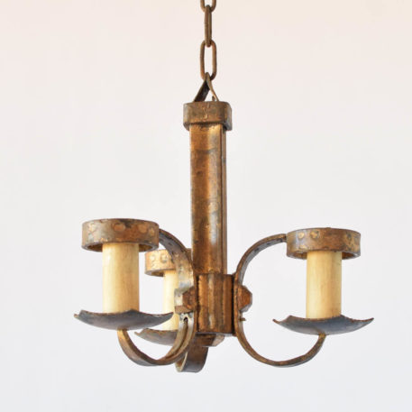 Small gilded iron chandelier from Spain with candle protectors and simple central column