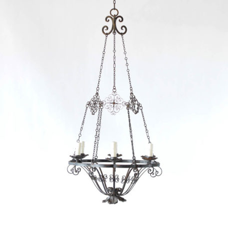 Iron bowl form chandelier from Spain with iron scrollwork on the chains that hold the chandelier