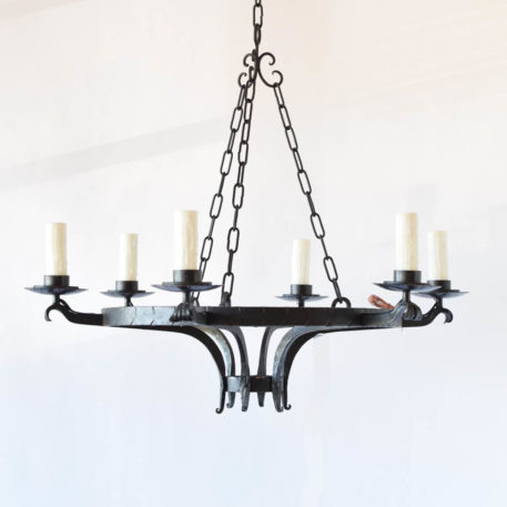 Simple iron ring chandelier from Belgium with hammered details on ring and simple bowl form