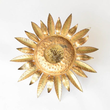 Vintage Spanish flush mount in the form of the sun with short poinitey leaves and large center textured opening