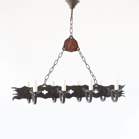 Elongated vintage Belgian chandelier with quatrefoil design and wax seal motif