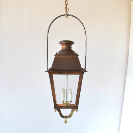 Antique copper gas street lantern from France. Restored with restoration glass and custom iron yoke