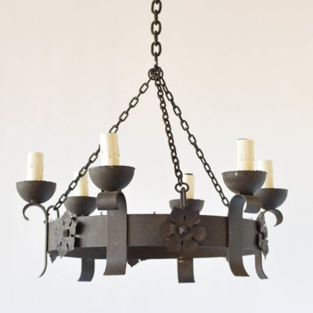 Vintage Belgian iron chandelier with stamped flowers and 6 simple arms