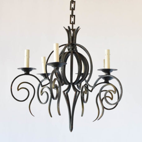 Unusual Belgian vintage iron chandelier orb in the middle surrounded by 6 curved arms