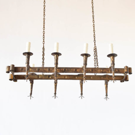 Vintage gilded iron chandelier from Spain with cone shaped candle holders and rope detail