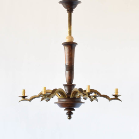 Belgian art deco chandelier with turned wood column and bronze geometeric arms