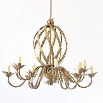 Gilded iron Spanish chandelier made of a central spiral ball with leaves and 12 arms with leaves and flower bobesches