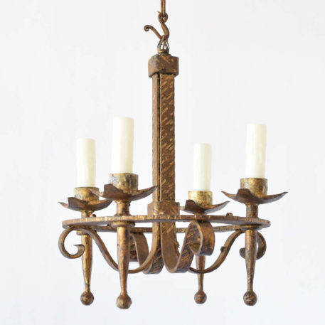 Vintage Spanish chandelier with gold finish made of heavy forged iron ring and 4 torches