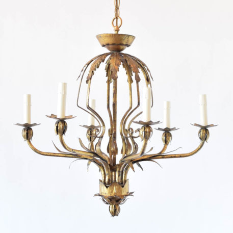 Vintage gilded iron chandelier from Spain with large central urn and 6 arms