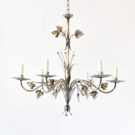 Iron chandelier from Barcelona with stamped ivy leaves and clovers surrounded by 6 arms
