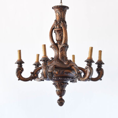 Vintage chandelier from Belgian made of carved wood with Fish motif