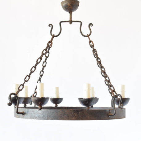 Rustic Belgian iron ring chandelier with simple iron ring held by four forged hooks and chains