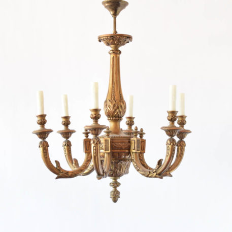 Antique gilded wood chandelier from Italy with carved arms and columns and very nice old patina