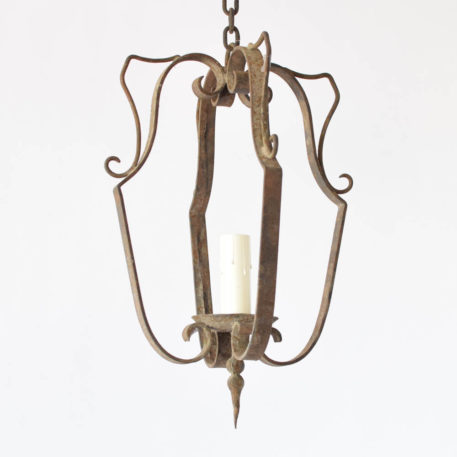 Rustic Iron hall Lantern from France with simple frame and organic iron finial